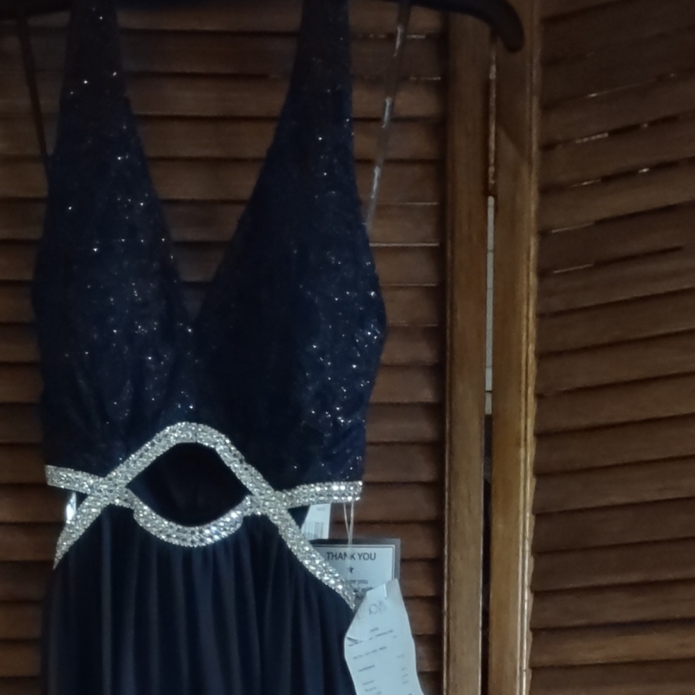 Navy Blue Long Halter top Evening gown, Sequin - Picture 2 of 10